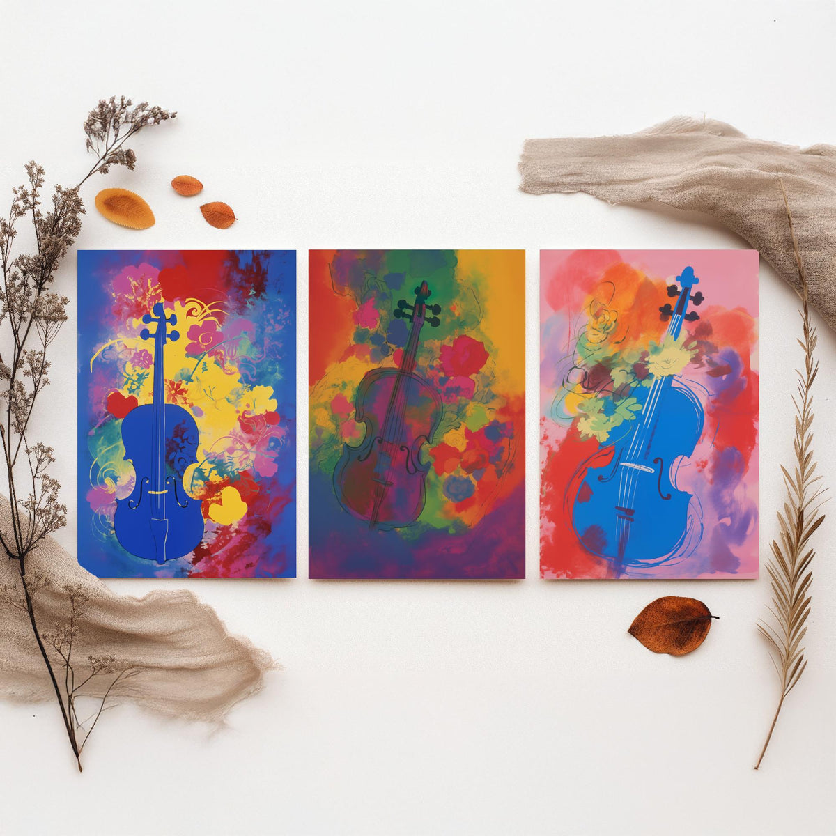 Violins After Matisse Set of Three Art Prints - Cobalt, Rose and Pink Violin Studies - Fauvist Music Poster Illustration
