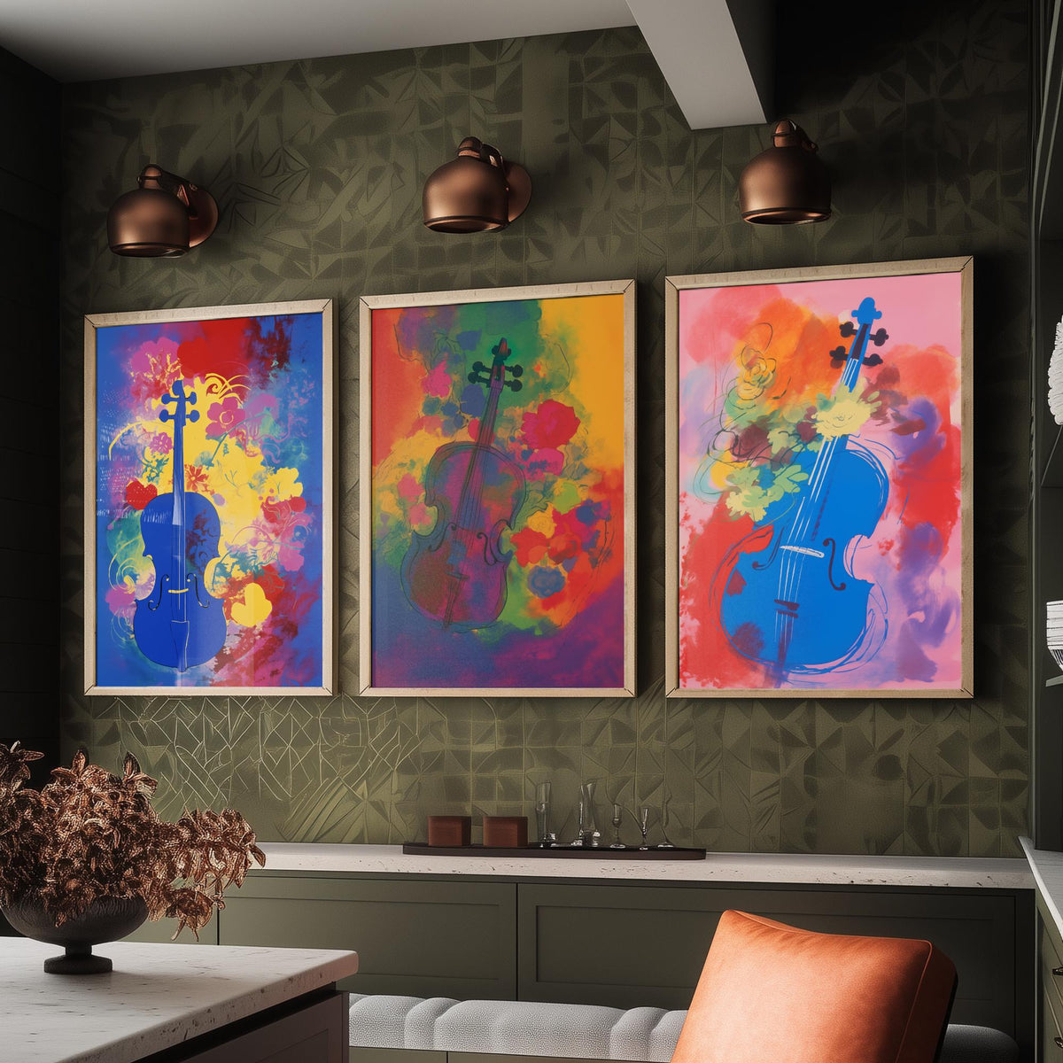 Violins After Matisse Set of Three Art Prints - Cobalt, Rose and Pink Violin Studies - Fauvist Music Poster Illustration