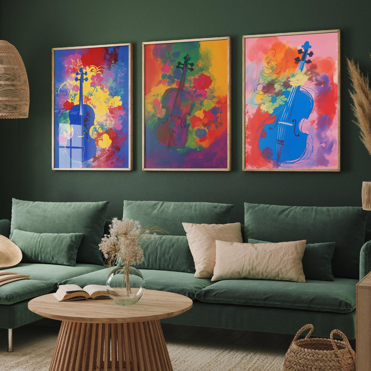 Violins After Matisse Set of Three Art Prints - Cobalt, Rose and Pink Violin Studies - Fauvist Music Poster Illustration