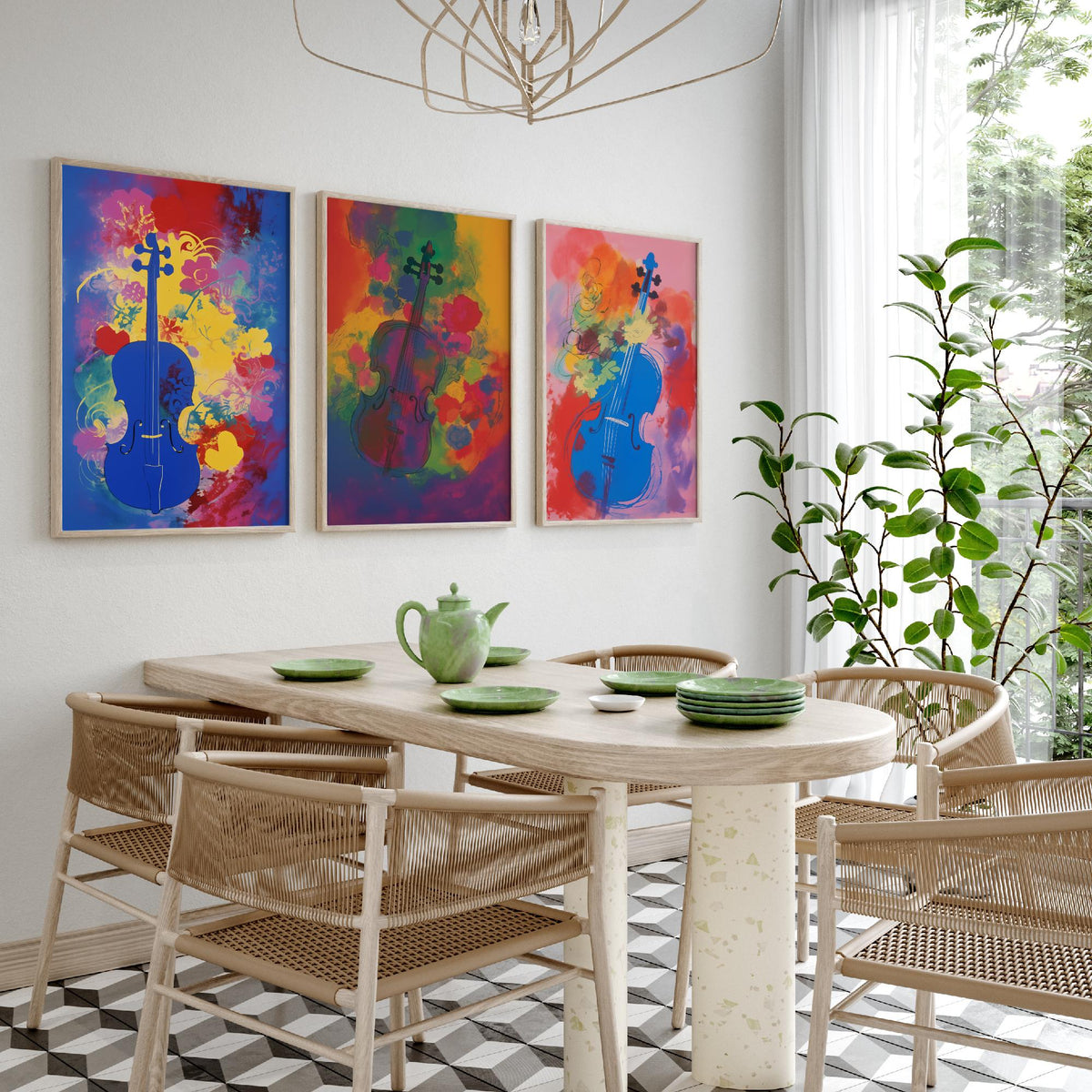 Violins After Matisse Set of Three Art Prints - Cobalt, Rose and Pink Violin Studies - Fauvist Music Poster Illustration