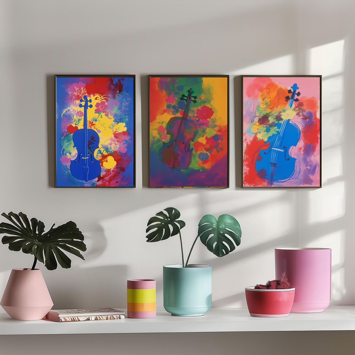 Violins After Matisse Set of Three Art Prints - Cobalt, Rose and Pink Violin Studies - Fauvist Music Poster Illustration