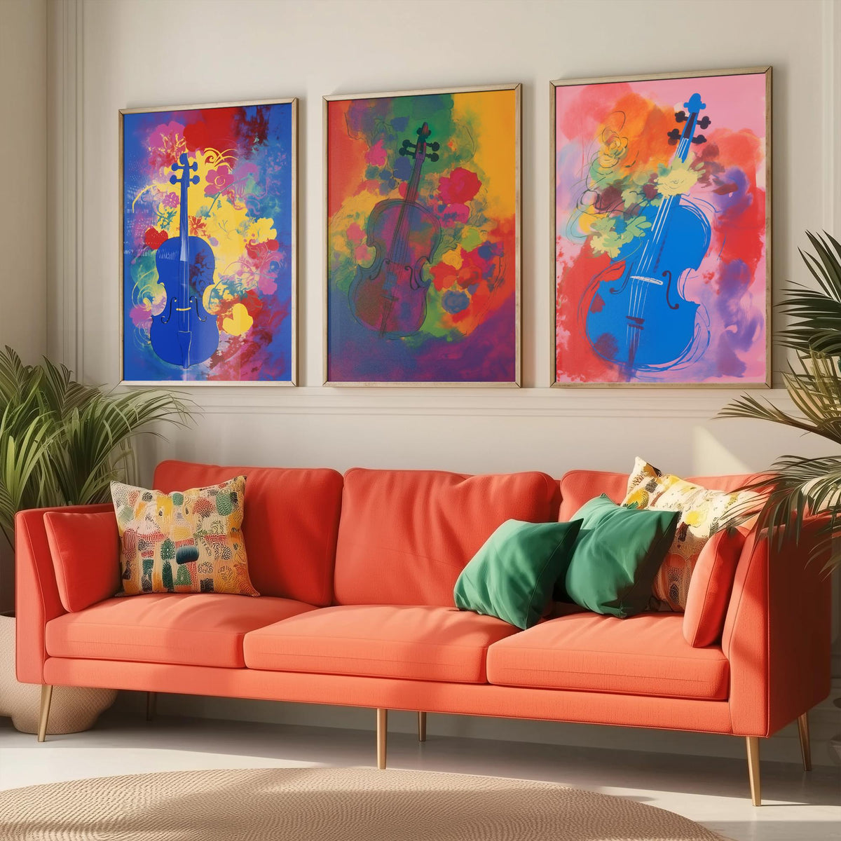 Violins After Matisse Set of Three Art Prints - Cobalt, Rose and Pink Violin Studies - Fauvist Music Poster Illustration