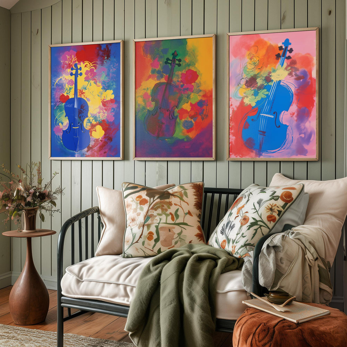 Violins After Matisse Set of Three Art Prints - Cobalt, Rose and Pink Violin Studies - Fauvist Music Poster Illustration
