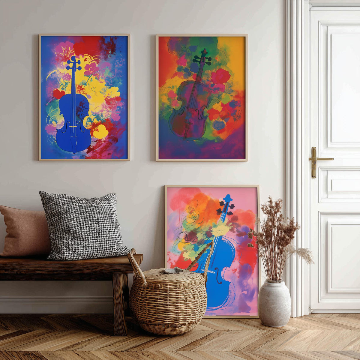 Violins After Matisse Set of Three Art Prints - Cobalt, Rose and Pink Violin Studies - Fauvist Music Poster Illustration