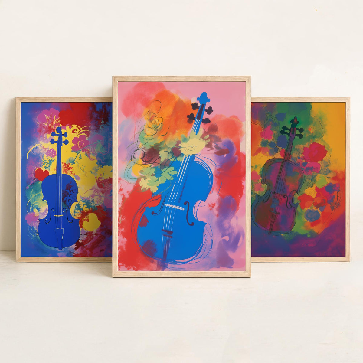 Violins After Matisse Set of Three Art Prints - Cobalt, Rose and Pink Violin Studies - Fauvist Music Poster Illustration