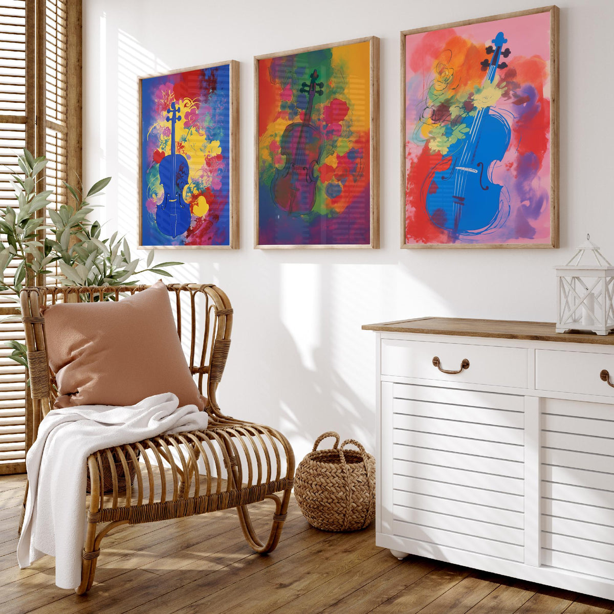 Violins After Matisse Set of Three Art Prints - Cobalt, Rose and Pink Violin Studies - Fauvist Music Poster Illustration