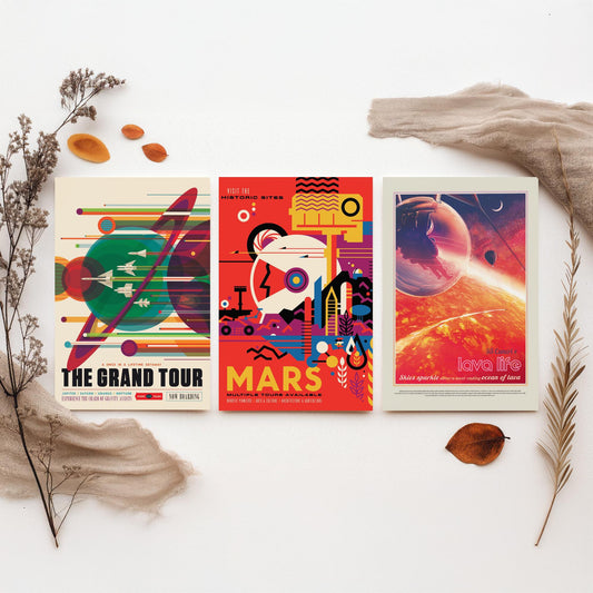 Visions of the Future Space Travel Set of Three Art Prints - The Grand Tour, Mars, 55 Cancri e Lava Life - Retro Poster Illustration