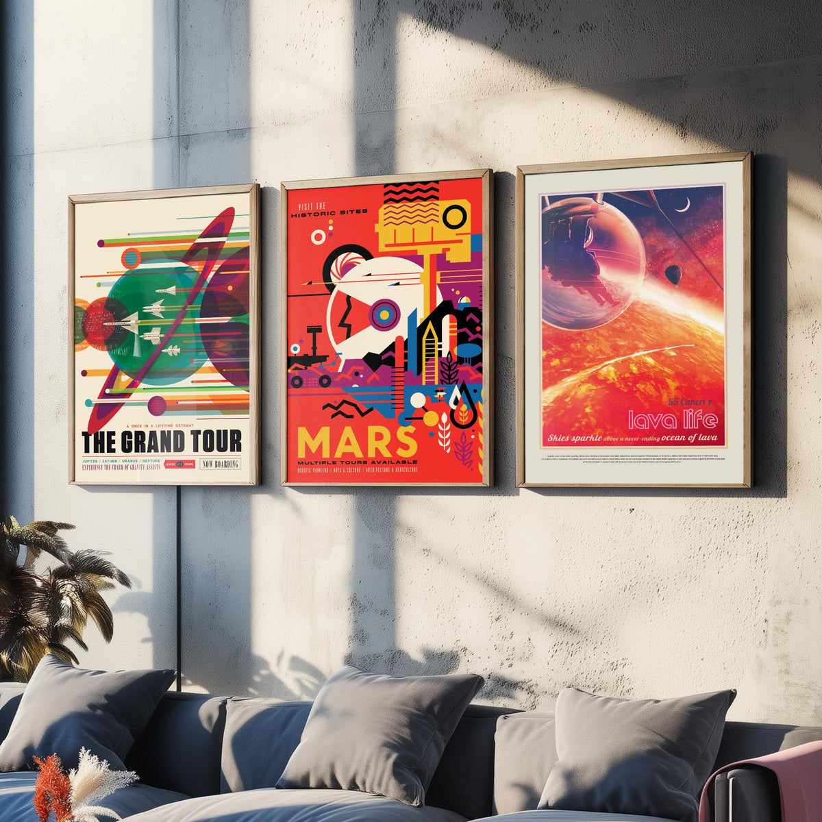 Visions of the Future Space Travel Set of Three Art Prints - The Grand Tour, Mars, 55 Cancri e Lava Life - Retro Poster Illustration