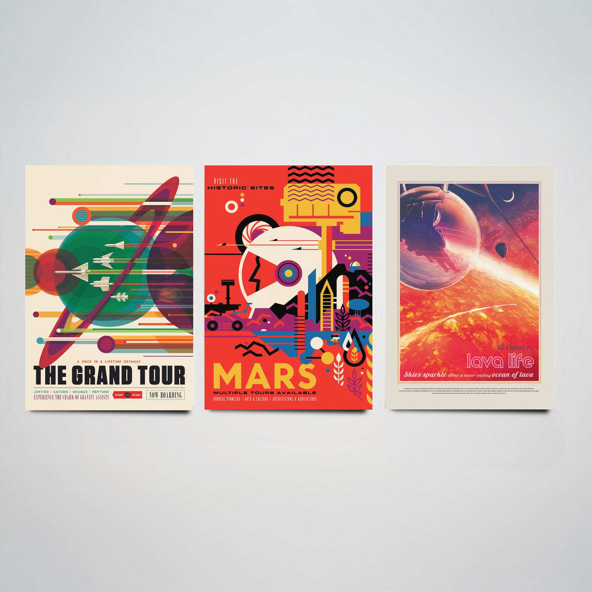 Visions of the Future Space Travel Set of Three Art Prints - The Grand Tour, Mars, 55 Cancri e Lava Life - Retro Poster Illustration