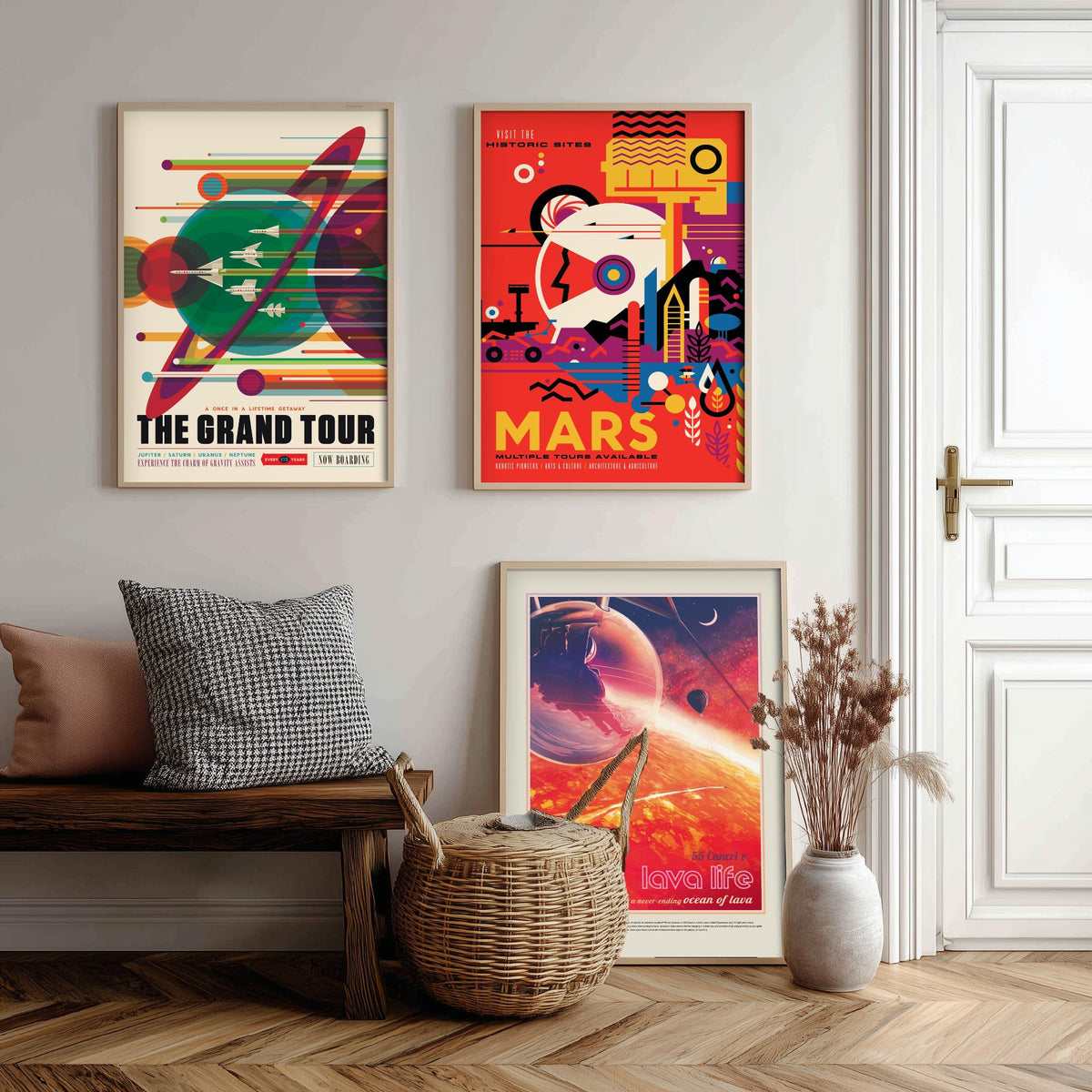 Visions of the Future Space Travel Set of Three Art Prints - The Grand Tour, Mars, 55 Cancri e Lava Life - Retro Poster Illustration