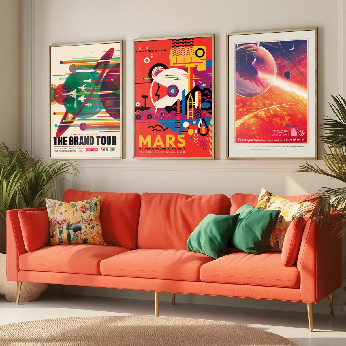 Visions of the Future Space Travel Set of Three Art Prints - The Grand Tour, Mars, 55 Cancri e Lava Life - Retro Poster Illustration