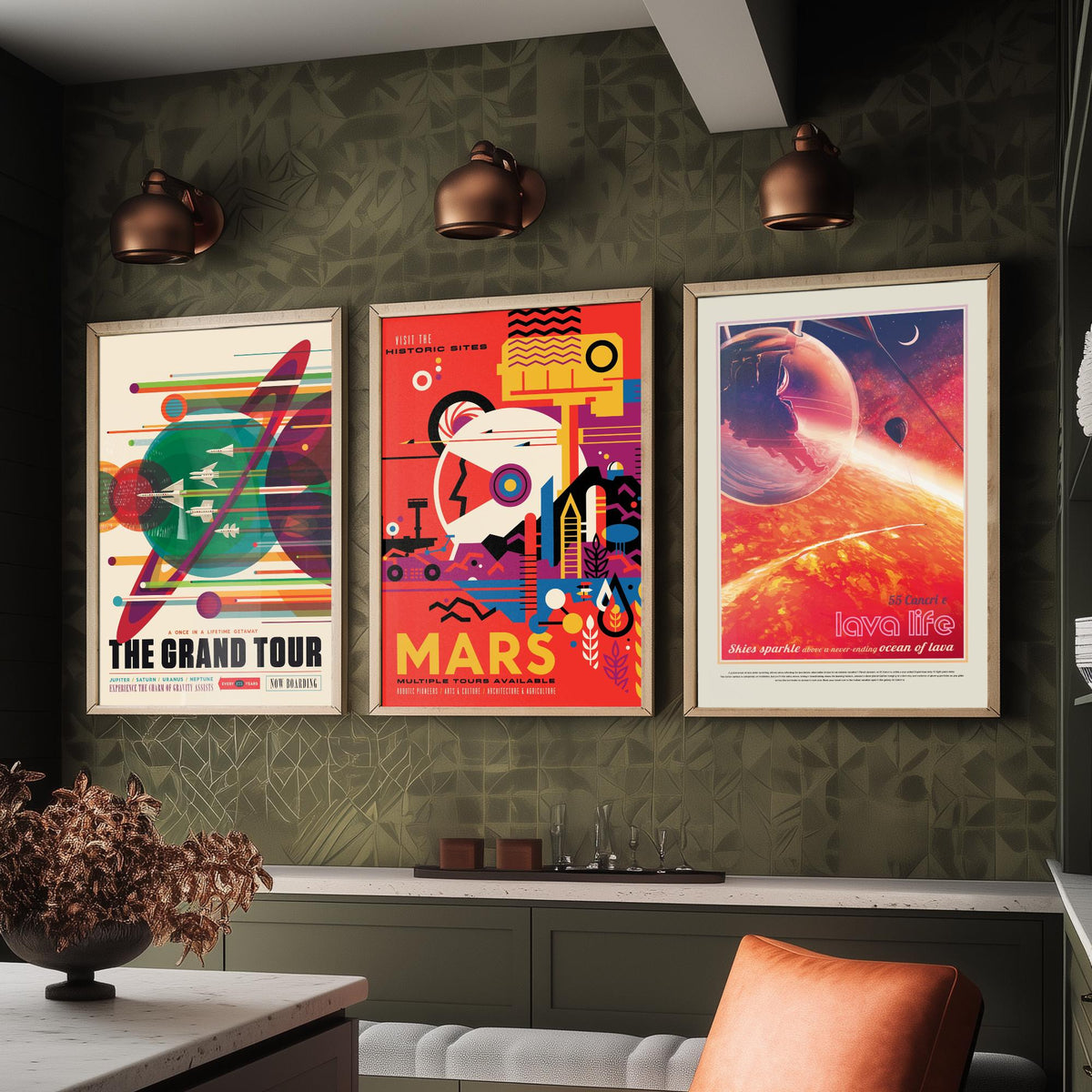 Visions of the Future Space Travel Set of Three Art Prints - The Grand Tour, Mars, 55 Cancri e Lava Life - Retro Poster Illustration