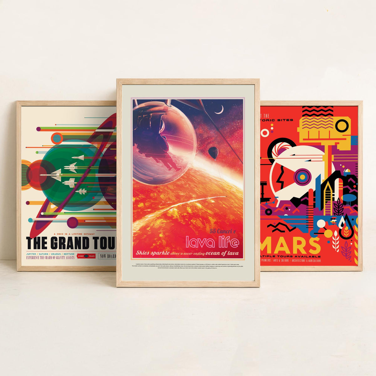 Visions of the Future Space Travel Set of Three Art Prints - The Grand Tour, Mars, 55 Cancri e Lava Life - Retro Poster Illustration