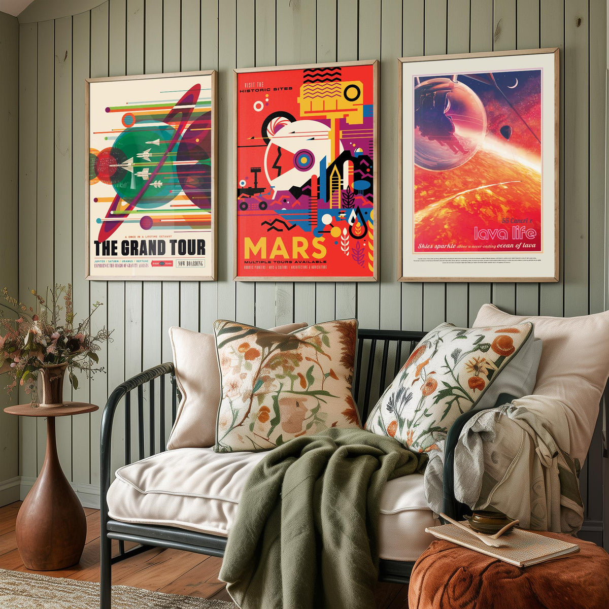 Visions of the Future Space Travel Set of Three Art Prints - The Grand Tour, Mars, 55 Cancri e Lava Life - Retro Poster Illustration