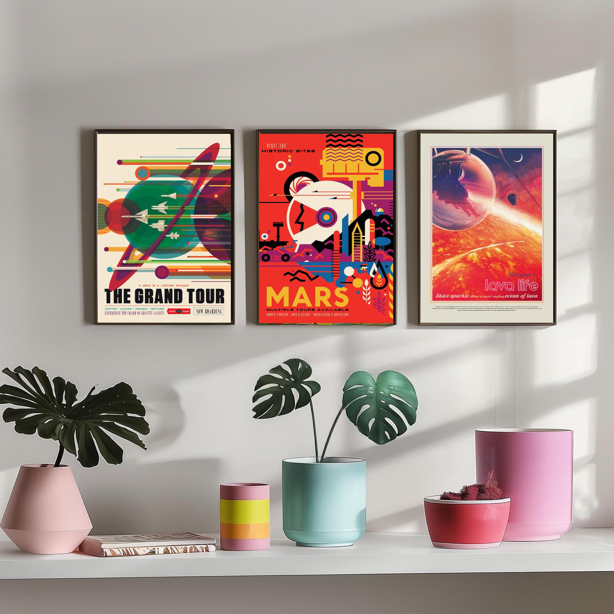 Visions of the Future Space Travel Set of Three Art Prints - The Grand Tour, Mars, 55 Cancri e Lava Life - Retro Poster Illustration