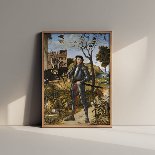 Vittore Carpaccio - Young Knight in a Landscape (1510) - Classic Painting Art Print - Armoured Renaissance Knight Castle Birds Poster