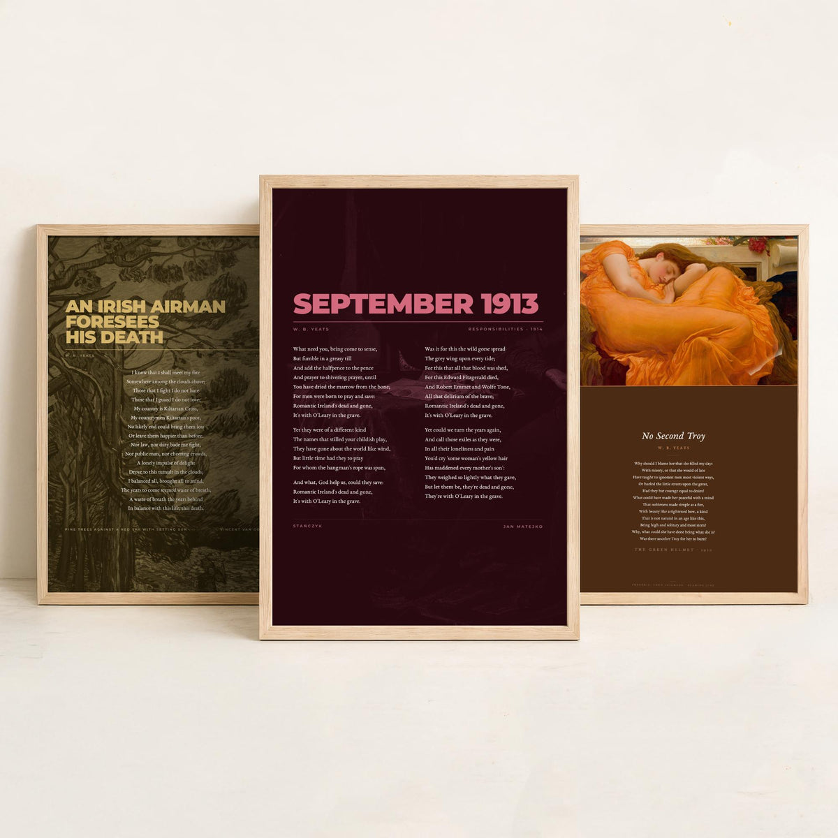 W B Yeats Set of Three Art Prints - An Irish Airman Foresees His Death, September 1913, No Second Troy - Poems over Paintings Poster V3