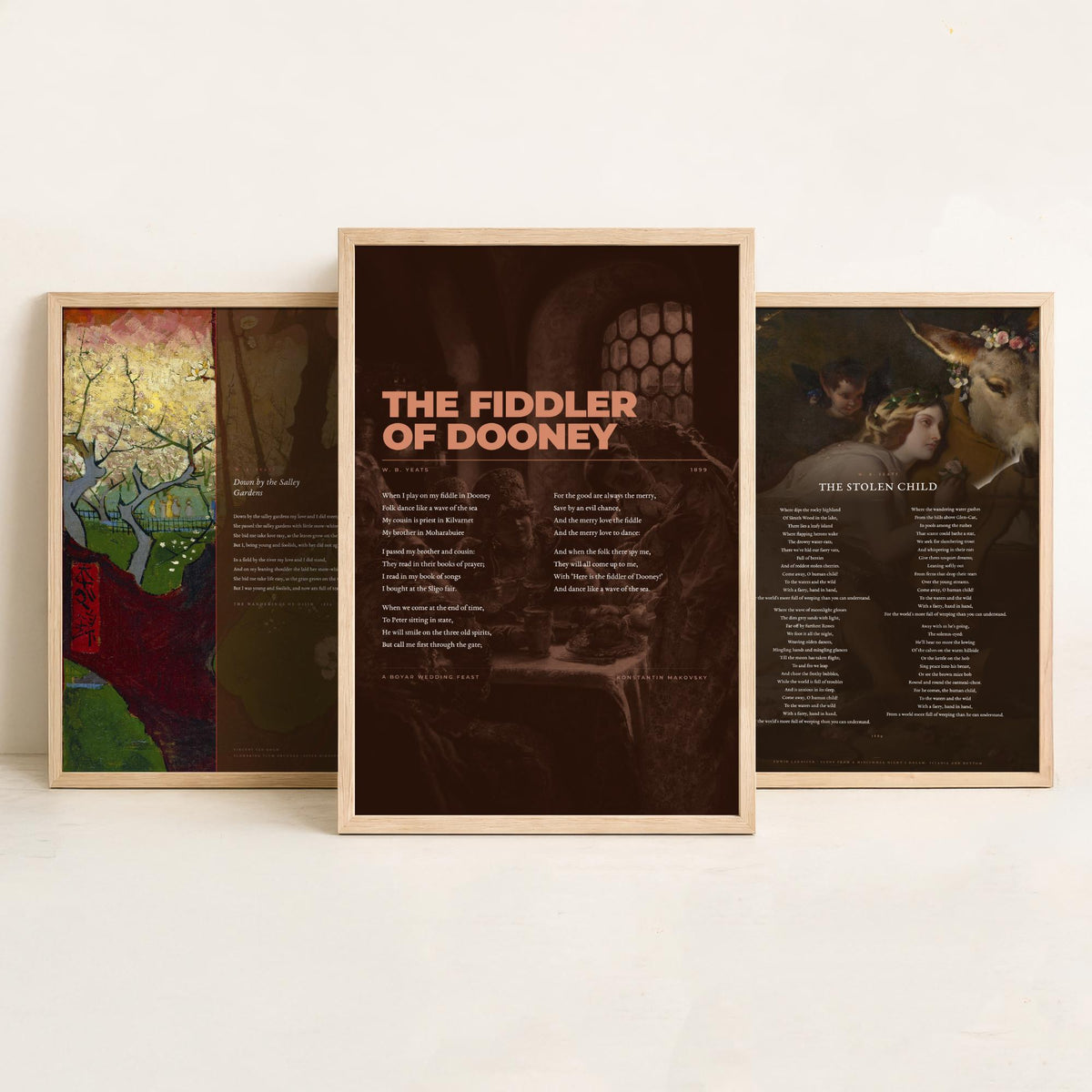 Yeats Set of Three Art Prints - Down by the Salley Gardens, The Stolen Child, The Fiddler of Dooney - Full Poems over Paintings Poster V1
