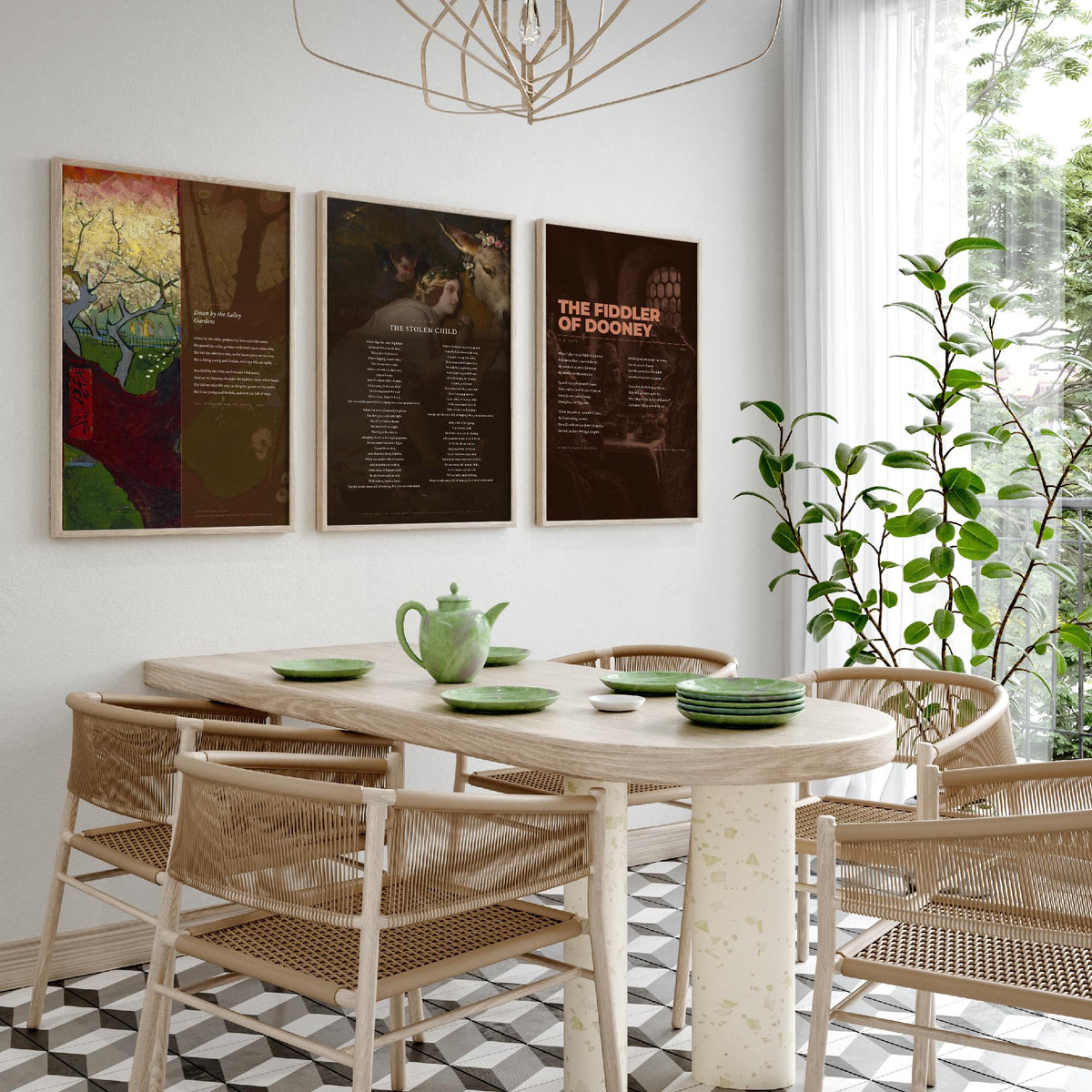 Yeats Set of Three Art Prints - Down by the Salley Gardens, The Stolen Child, The Fiddler of Dooney - Full Poems over Paintings Poster V1