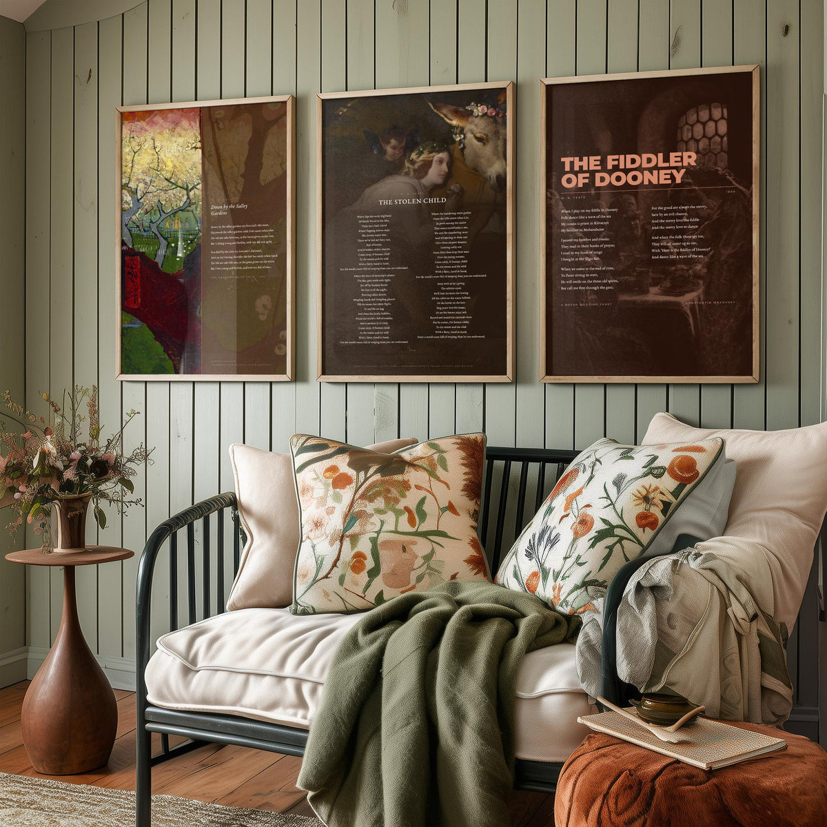 Yeats Set of Three Art Prints - Down by the Salley Gardens, The Stolen Child, The Fiddler of Dooney - Full Poems over Paintings Poster V1