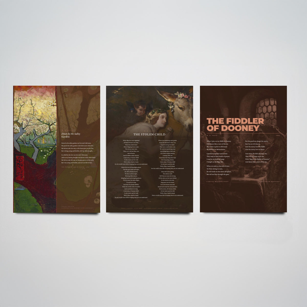 Yeats Set of Three Art Prints - Down by the Salley Gardens, The Stolen Child, The Fiddler of Dooney - Full Poems over Paintings Poster V1