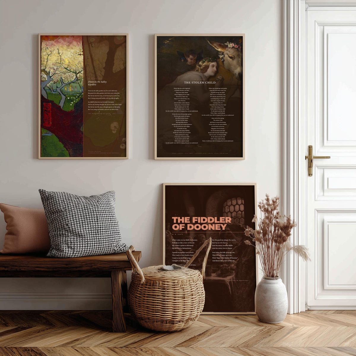 Yeats Set of Three Art Prints - Down by the Salley Gardens, The Stolen Child, The Fiddler of Dooney - Full Poems over Paintings Poster V1
