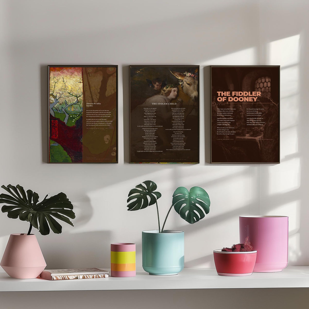 Yeats Set of Three Art Prints - Down by the Salley Gardens, The Stolen Child, The Fiddler of Dooney - Full Poems over Paintings Poster V1