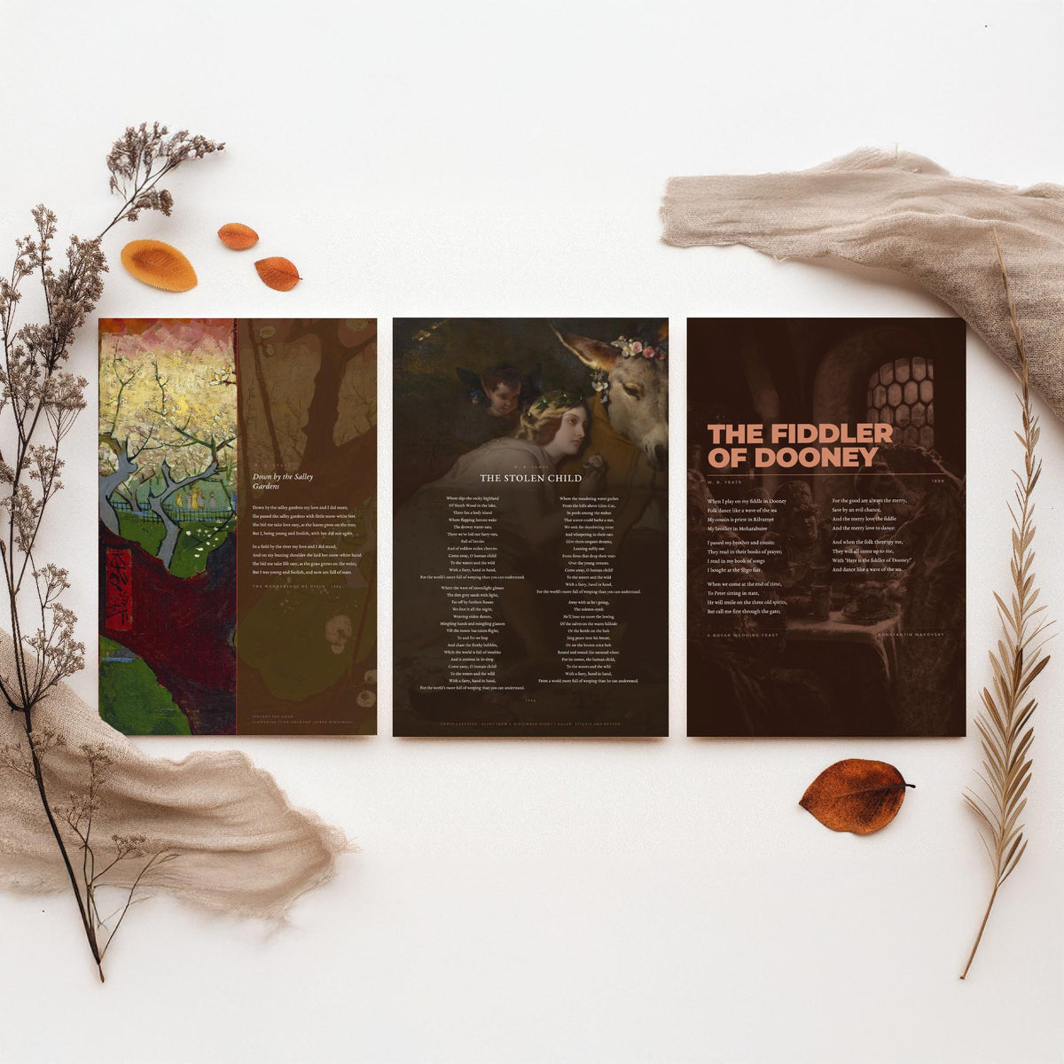 Yeats Set of Three Art Prints - Down by the Salley Gardens, The Stolen Child, The Fiddler of Dooney - Full Poems over Paintings Poster V1
