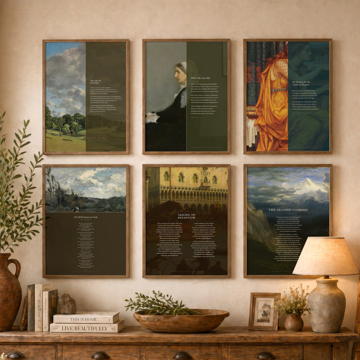 Set of Six W B Yeats Poem Art Prints - Full Poems over Classic Paintings - Posters - Innisfree, When You Are Old, The Second Coming