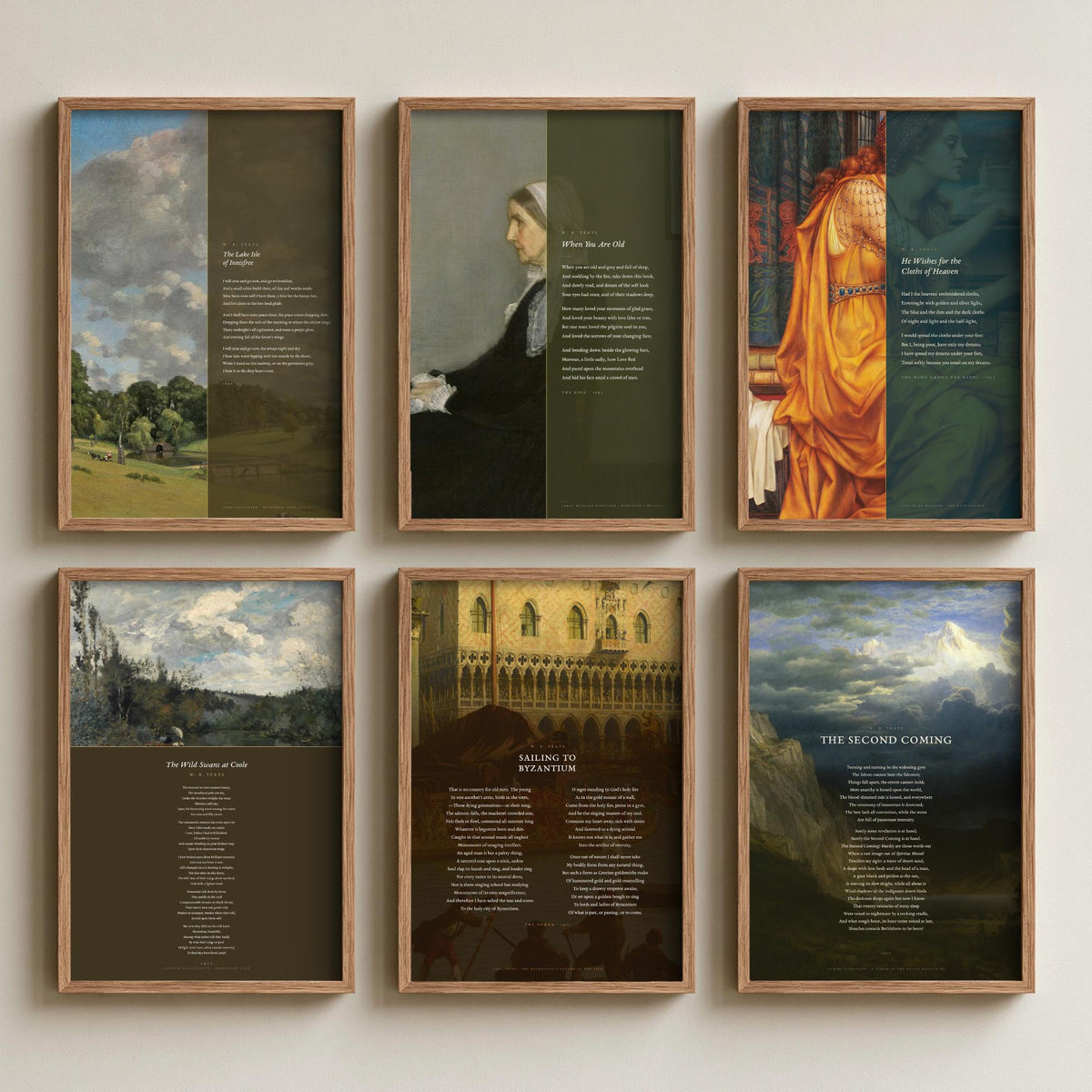 Set of Six W B Yeats Poem Art Prints - Full Poems over Classic Paintings - Posters - Innisfree, When You Are Old, The Second Coming