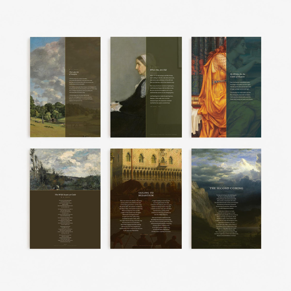 Set of Six W B Yeats Poem Art Prints - Full Poems over Classic Paintings - Posters - Innisfree, When You Are Old, The Second Coming