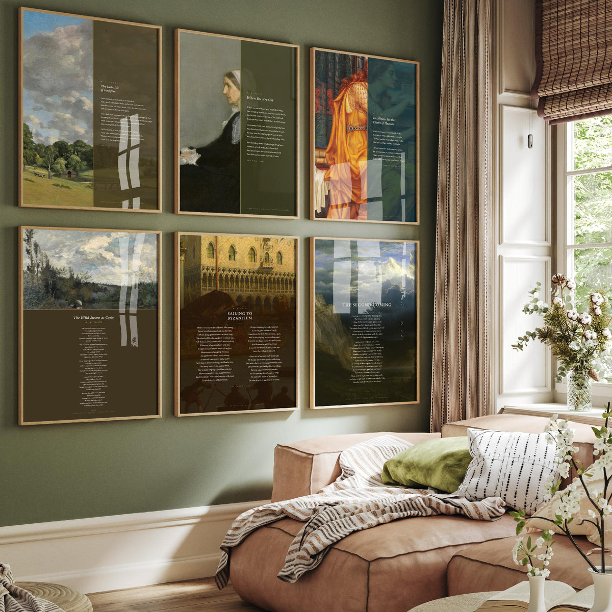 Set of Six W B Yeats Poem Art Prints - Full Poems over Classic Paintings - Posters - Innisfree, When You Are Old, The Second Coming