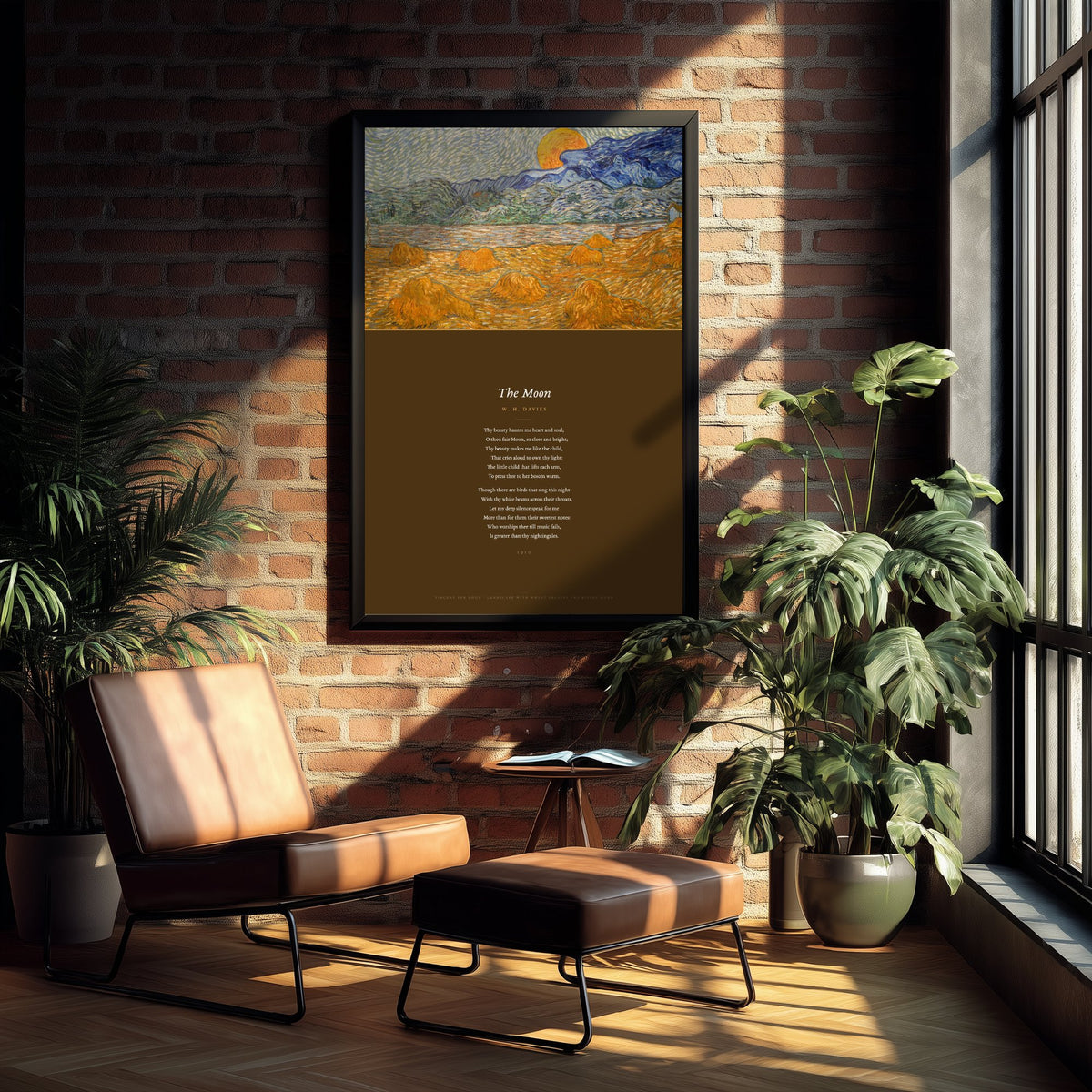 The Moon by W H Davies Art Print - Full Poem beneath Van Gogh Wheat Sheaves and Rising Moon Painting - Poetry Poster