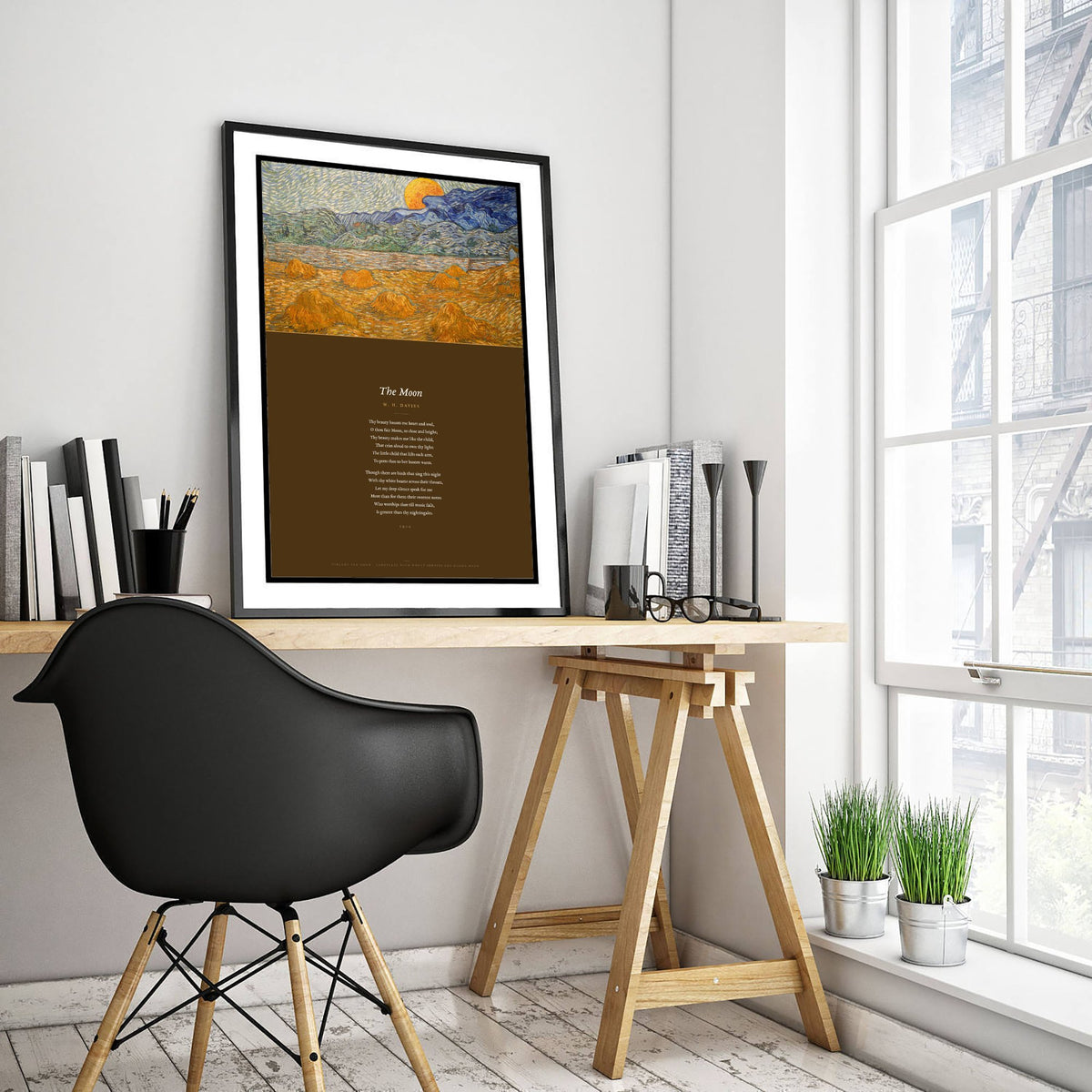 The Moon by W H Davies Art Print - Full Poem beneath Van Gogh Wheat Sheaves and Rising Moon Painting - Poetry Poster