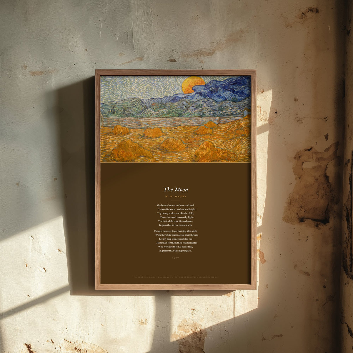 The Moon by W H Davies Art Print - Full Poem beneath Van Gogh Wheat Sheaves and Rising Moon Painting - Poetry Poster