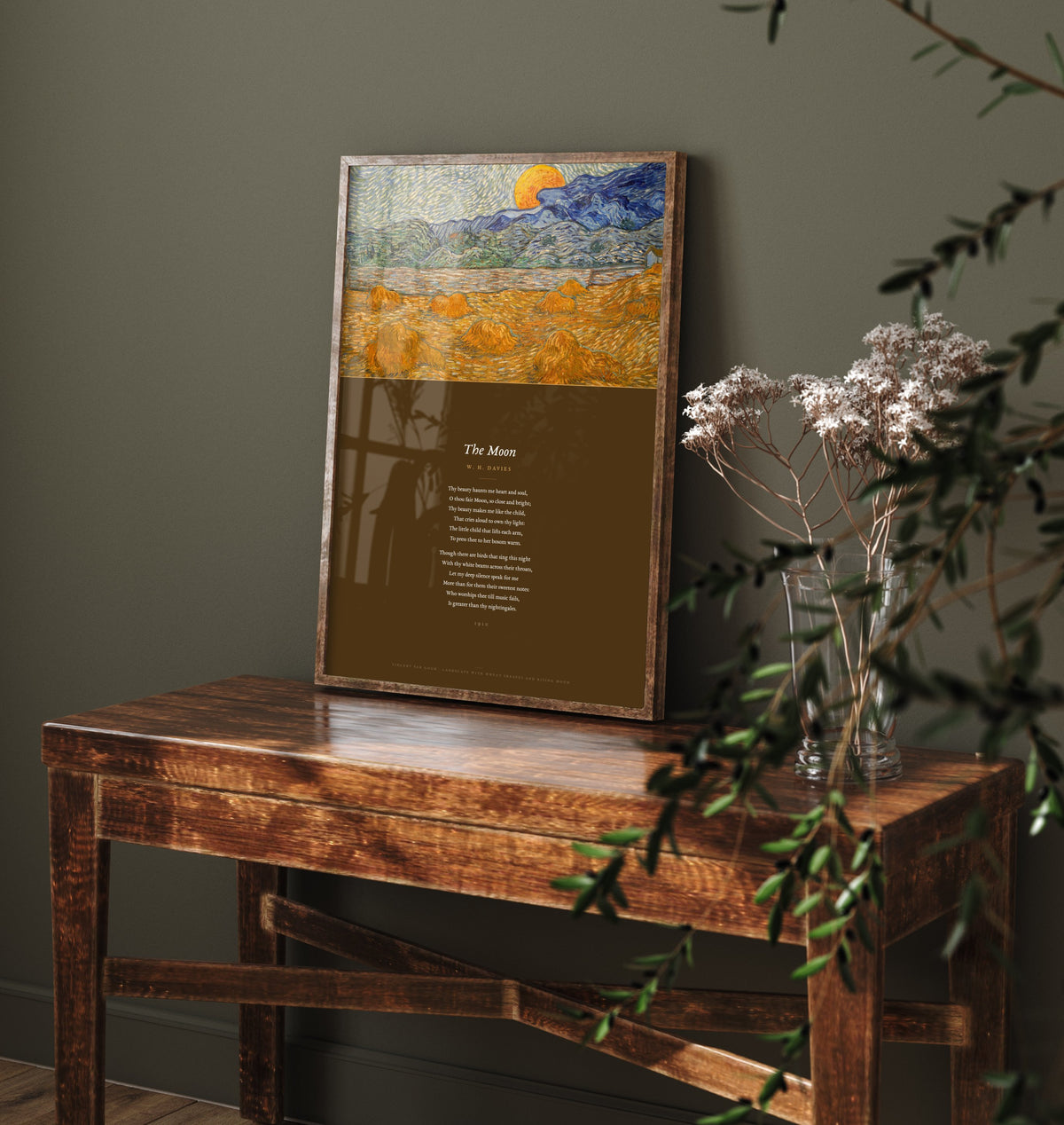 The Moon by W H Davies Art Print - Full Poem beneath Van Gogh Wheat Sheaves and Rising Moon Painting - Poetry Poster