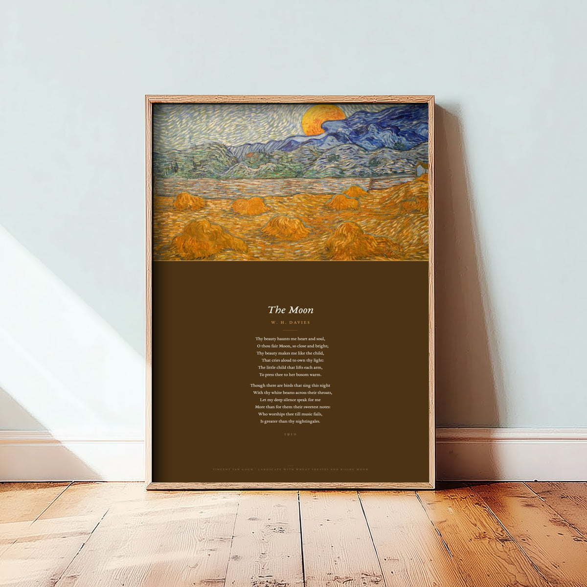 The Moon by W H Davies Art Print - Full Poem beneath Van Gogh Wheat Sheaves and Rising Moon Painting - Poetry Poster