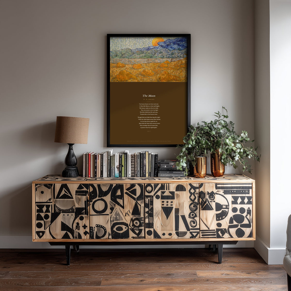 The Moon by W H Davies Art Print - Full Poem beneath Van Gogh Wheat Sheaves and Rising Moon Painting - Poetry Poster