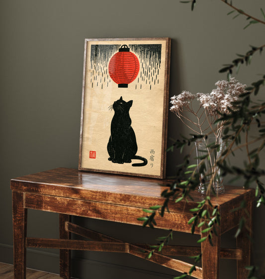 Black Cat Under a Red Lantern Art Print - Japanese Linocut Style Poster - Waiting in the Rain Woodblock Illustration