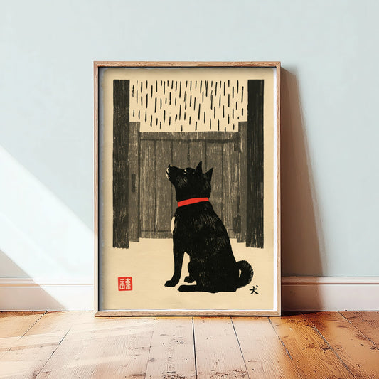 Dog Waiting at a Gate Art Print - Japanese Linocut Style Poster - Waiting in the Rain Woodblock Illustration - Red Collar