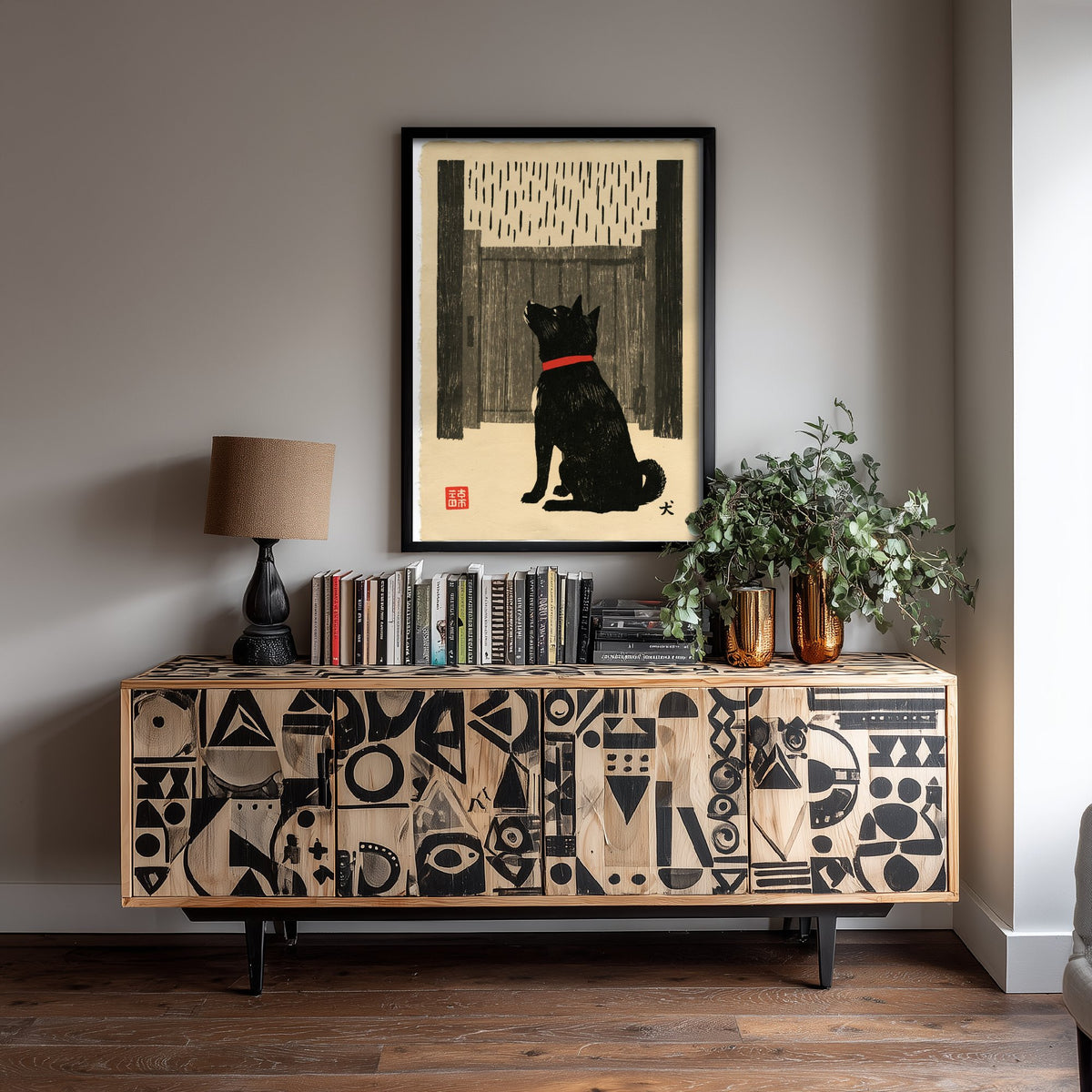 Dog Waiting at a Gate Art Print - Japanese Linocut Style Poster - Waiting in the Rain Woodblock Illustration - Red Collar
