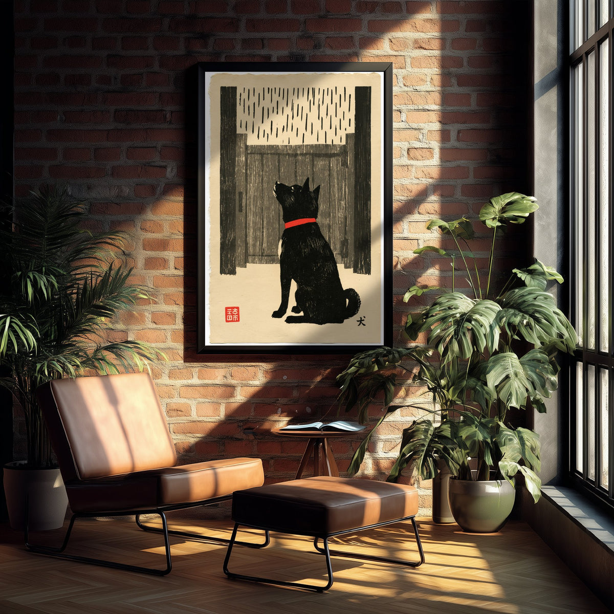 Dog Waiting at a Gate Art Print - Japanese Linocut Style Poster - Waiting in the Rain Woodblock Illustration - Red Collar
