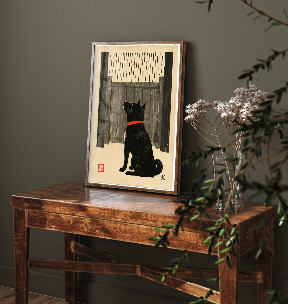Dog Waiting at a Gate Art Print - Japanese Linocut Style Poster - Waiting in the Rain Woodblock Illustration - Red Collar