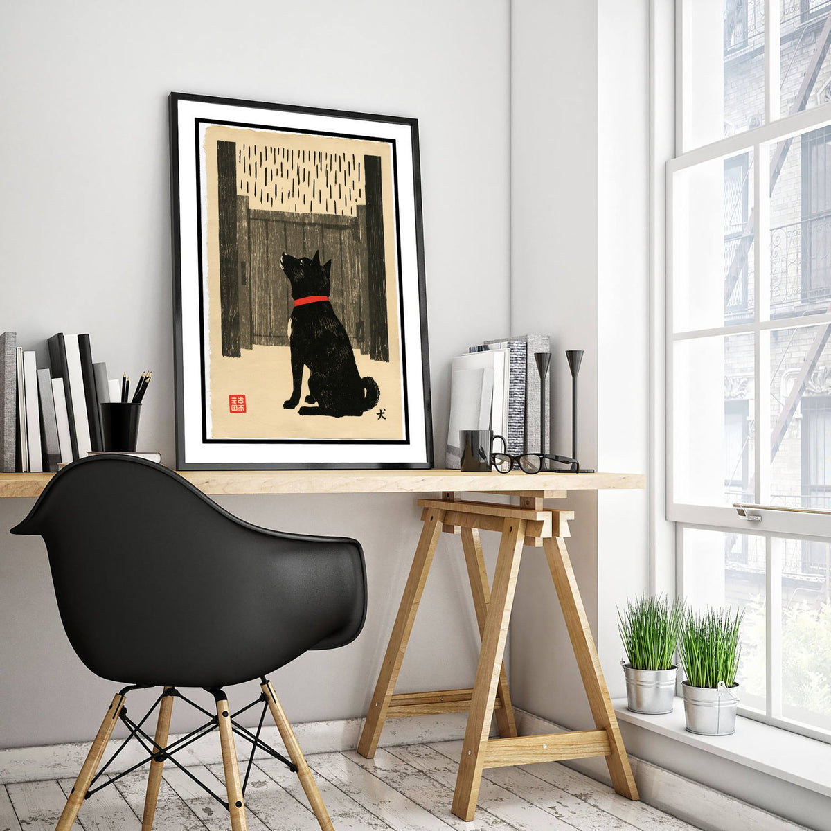 Dog Waiting at a Gate Art Print - Japanese Linocut Style Poster - Waiting in the Rain Woodblock Illustration - Red Collar
