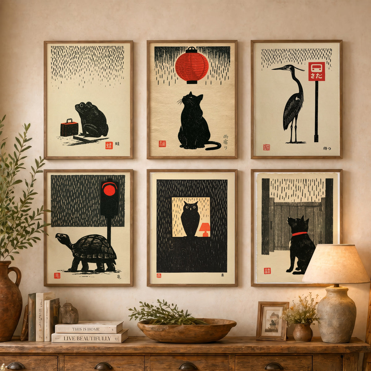 Set of Six Waiting in the Rain Art Prints - 6 Japanese Linocut Style Animal Posters - Frog, Cat, Heron, Tortoise, Owl, Dog Woodblock