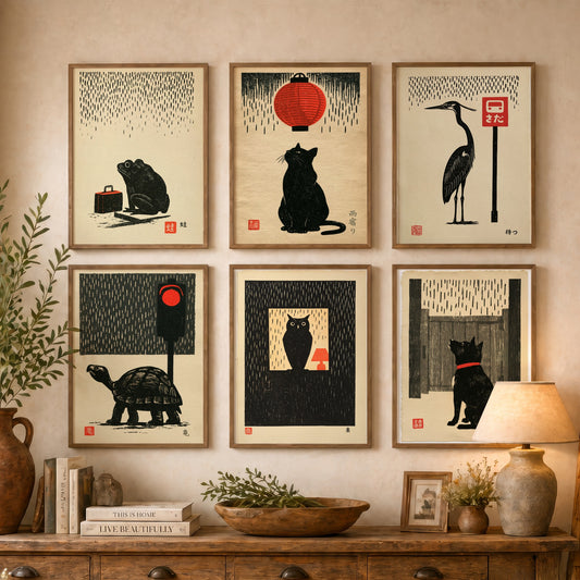 Set of Six Waiting in the Rain Art Prints - 6 Japanese Linocut Style Animal Posters - Frog, Cat, Heron, Tortoise, Owl, Dog Woodblock
