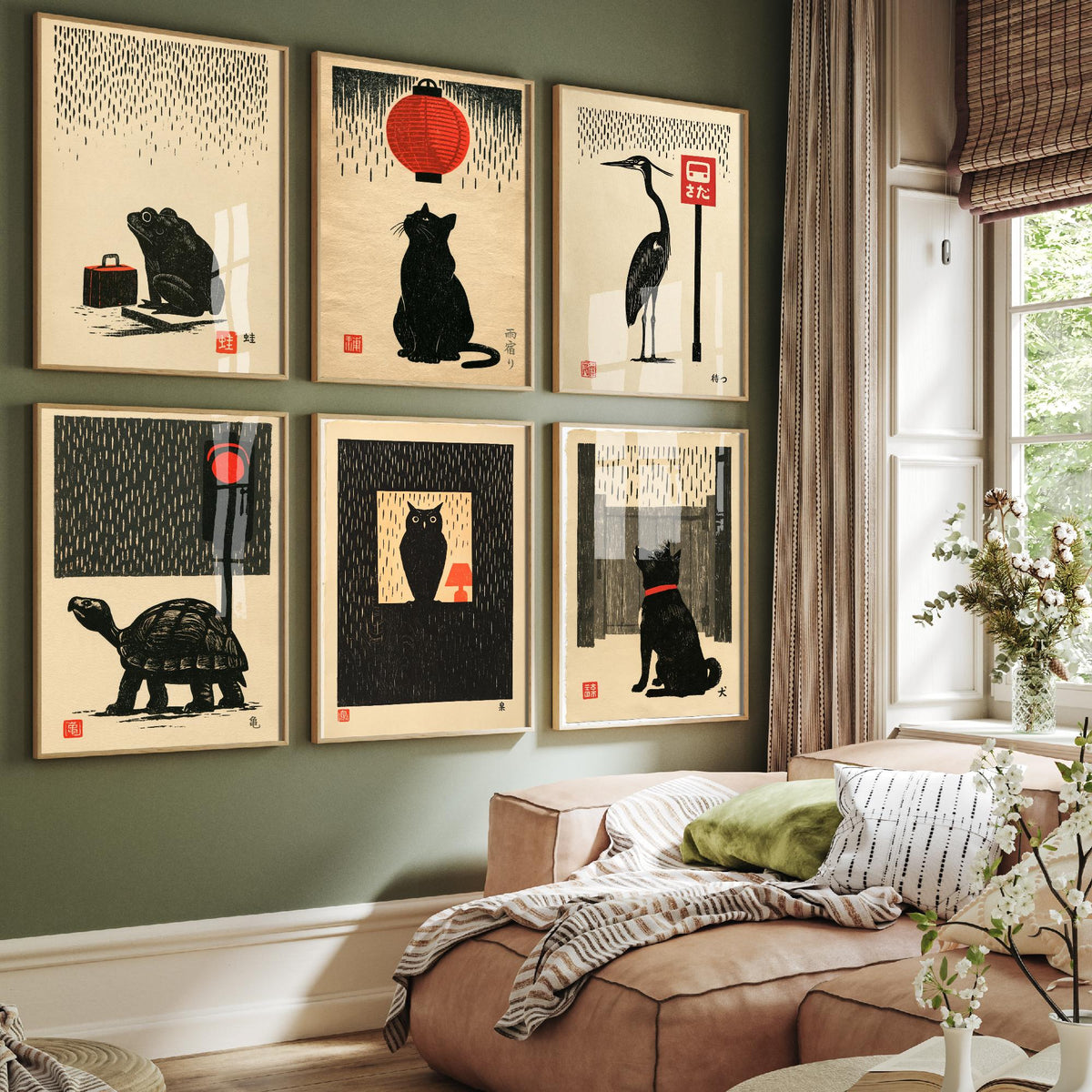 Set of Six Waiting in the Rain Art Prints - 6 Japanese Linocut Style Animal Posters - Frog, Cat, Heron, Tortoise, Owl, Dog Woodblock