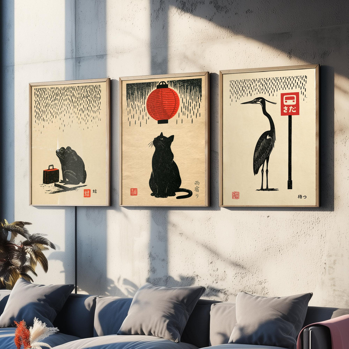 Waiting in the Rain Set of Three Art Prints - Frog, Cat and Heron - Japanese Linocut Style Woodblock Posters, Black and Red Kanji Prints V1