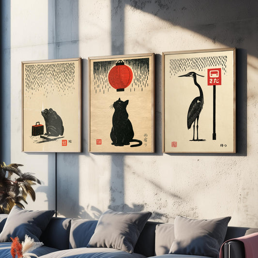 Waiting in the Rain Set of Three Art Prints - Frog, Cat and Heron - Japanese Linocut Style Woodblock Posters, Black and Red Kanji Prints V1