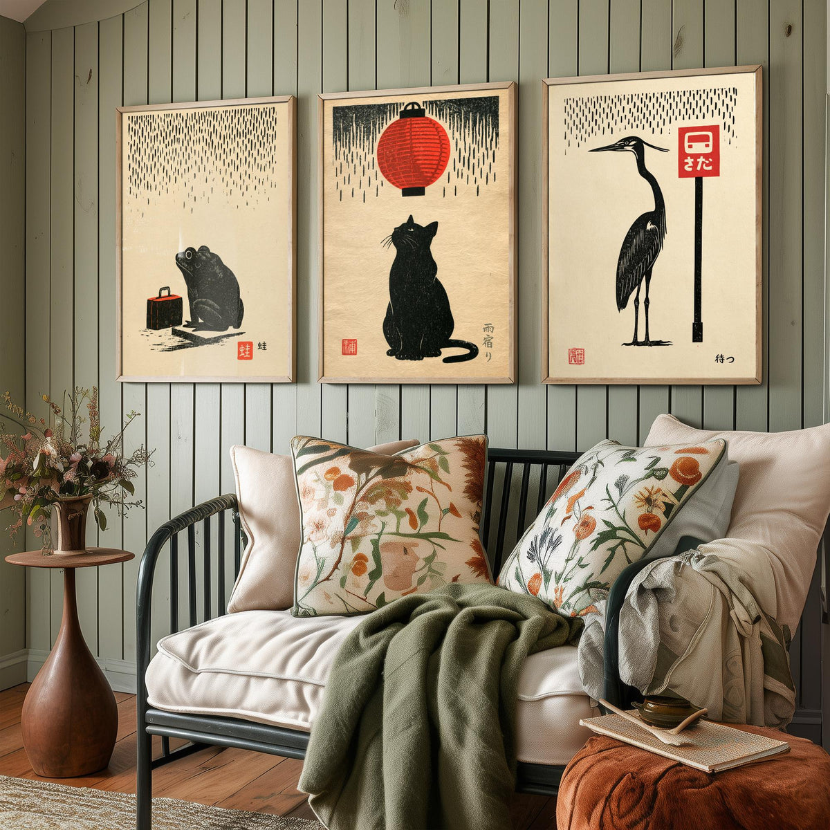 Waiting in the Rain Set of Three Art Prints - Frog, Cat and Heron - Japanese Linocut Style Woodblock Posters, Black and Red Kanji Prints V1